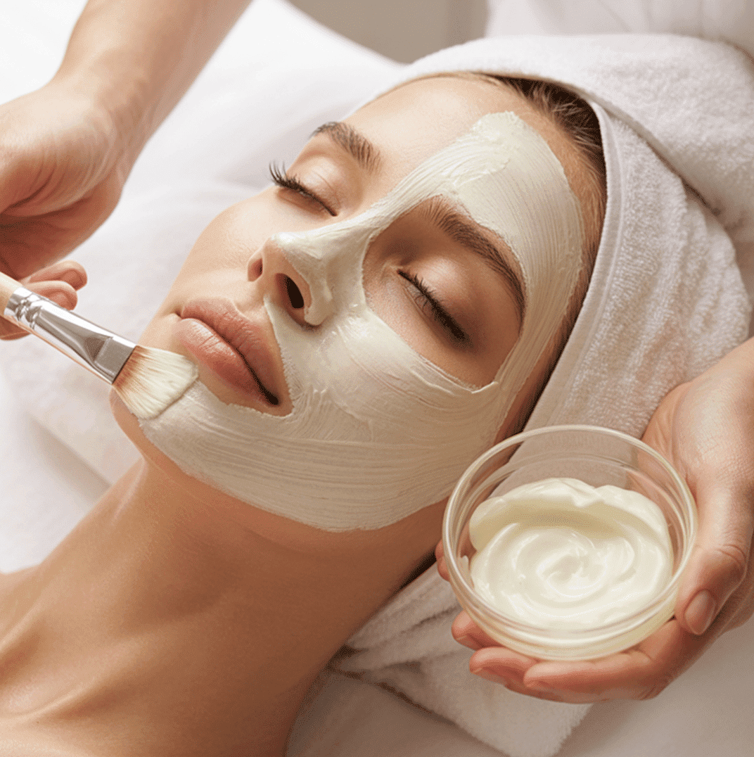 Facial treatment with a cream mask being applied at a spa.