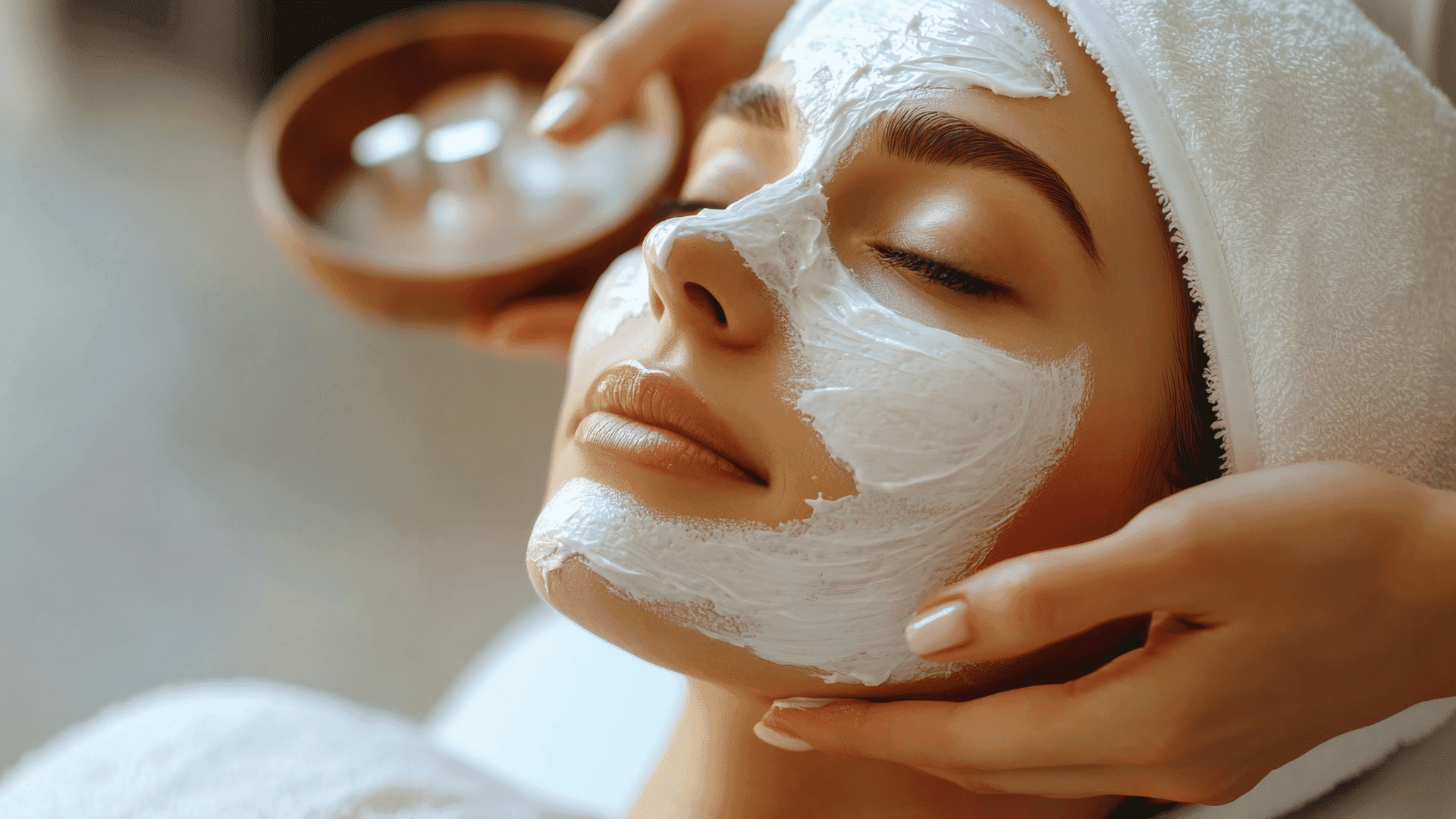 Facial treatment in progress at a spa, with a mask applied to a woman's face.